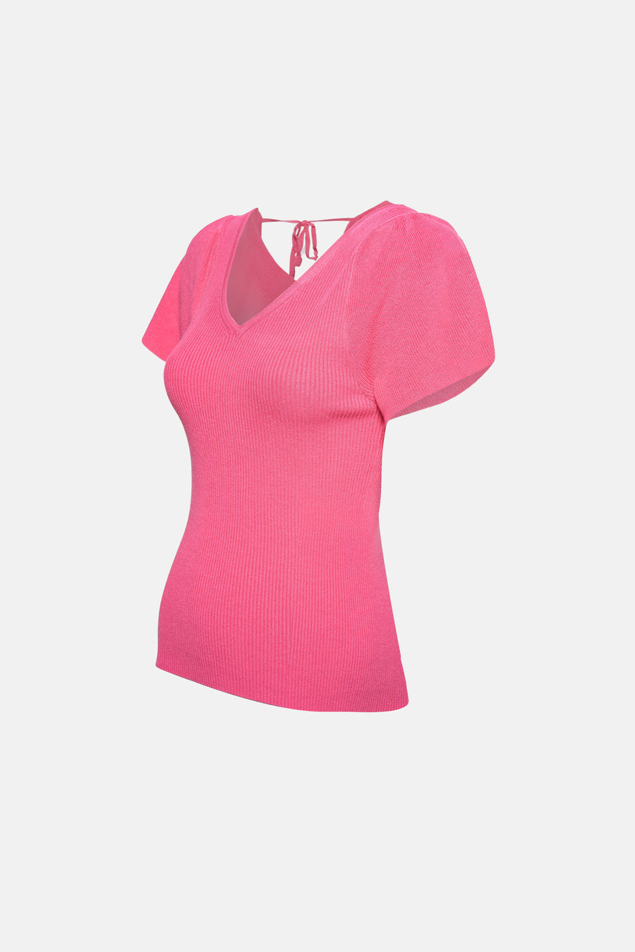 Roze T-shirt met korte mouwen van Molly Bracken, in ribgebreid materiaal met een strikdetail op de rug.