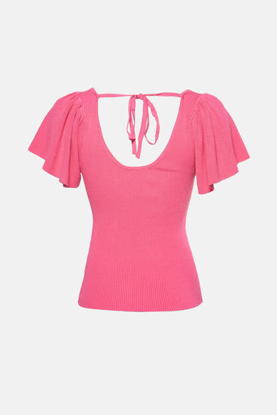 Roze T-shirt met korte mouwen van Molly Bracken, in geribbelde stof met een V-hals en strikdetails.