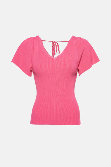 Roze T-shirt met korte mouwen van Molly Bracken, in ribgebreid met V-hals en strikdetail op de rug.