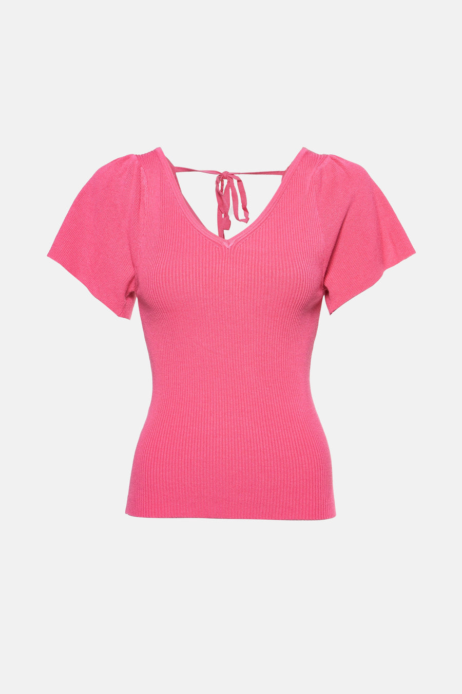Roze T-shirt met korte mouwen van Molly Bracken, in ribgebreid met V-hals en strikdetail op de rug.