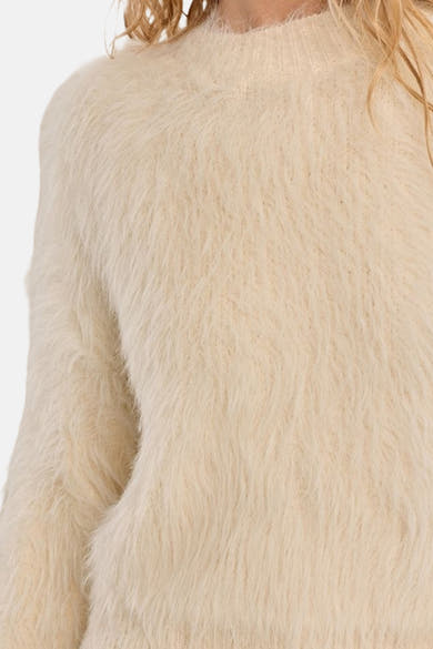 Ecru fuzzy crewneck sweater with soft textured knit, close-up front view
