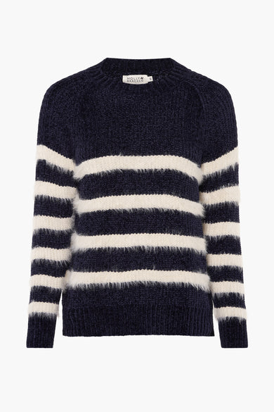 Pull bleu à rayures blanches de Molly Bracken, en tricot texturé à col rond.