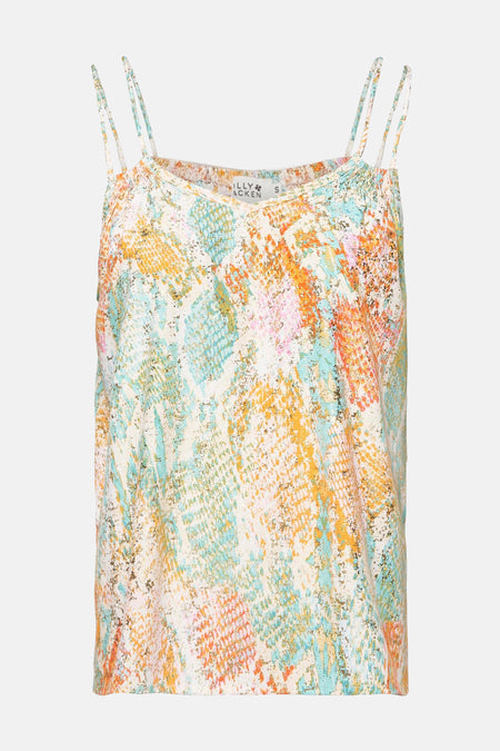 Multikleuren hemdje van Molly Bracken, met een gouden abstract patroon en dunne bandjes.