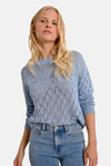 Blauwe trui met ronde hals van Molly Bracken, met ruitpatroon en gedragen met een spijkerbroek.
