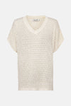 Beige V-hals trui van Molly Bracken, in ajour gebreid met gouden accenten.