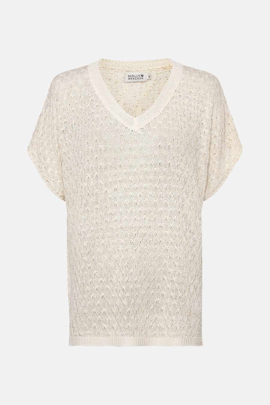 Beige V-hals trui van Molly Bracken, in ajour gebreid met gouden accenten.