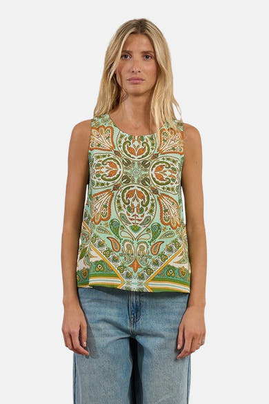 Mouwloos meerkleurig overhemd van Molly Bracken, met paisley-motief en uitsnede in de rug.