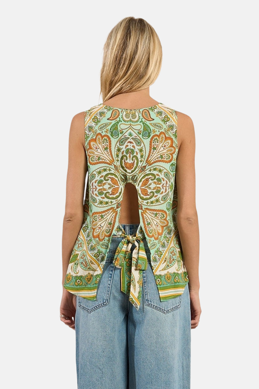 Chemisier sans manches multicolore de Molly Bracken, avec motif cachemire et découpe dans le dos.