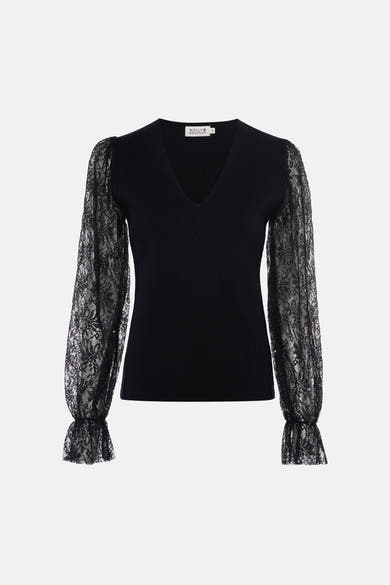 Pull noir col V à manches dentelle par Molly Bracken, vue de face, détails floraux et ourlets froncés