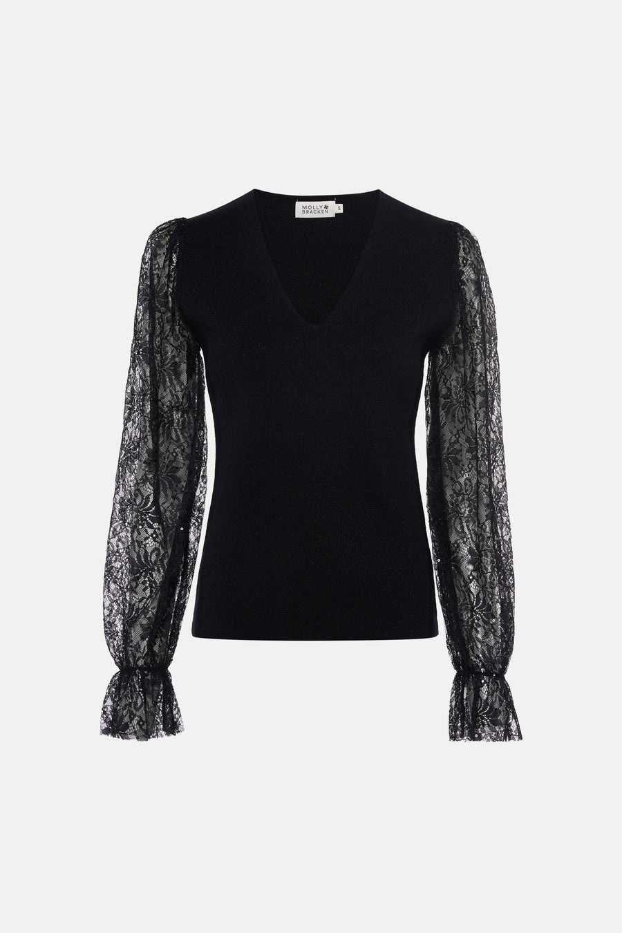 Pull noir col V à manches dentelle par Molly Bracken, vue de face, détails floraux et ourlets froncés