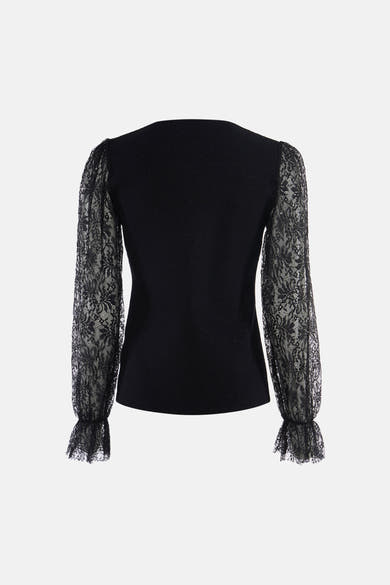 Pull noir col rond de Molly Bracken, manches longues en dentelle florale, vue dos
