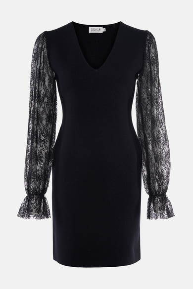 Robe noire à manches longues en dentelle par Molly Bracken, col en V, vue de face
