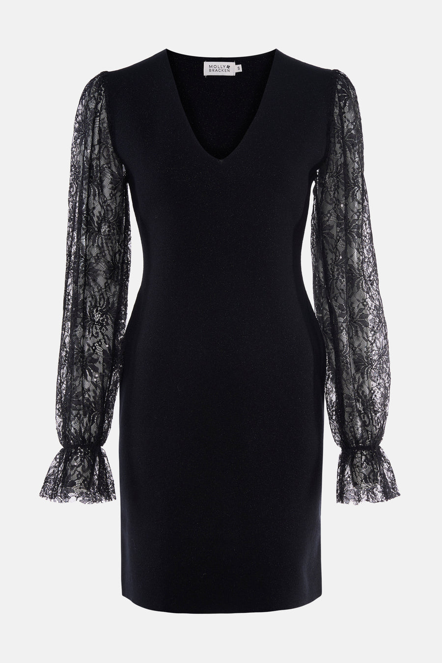 Robe noire à manches longues en dentelle par Molly Bracken, col en V, vue de face
