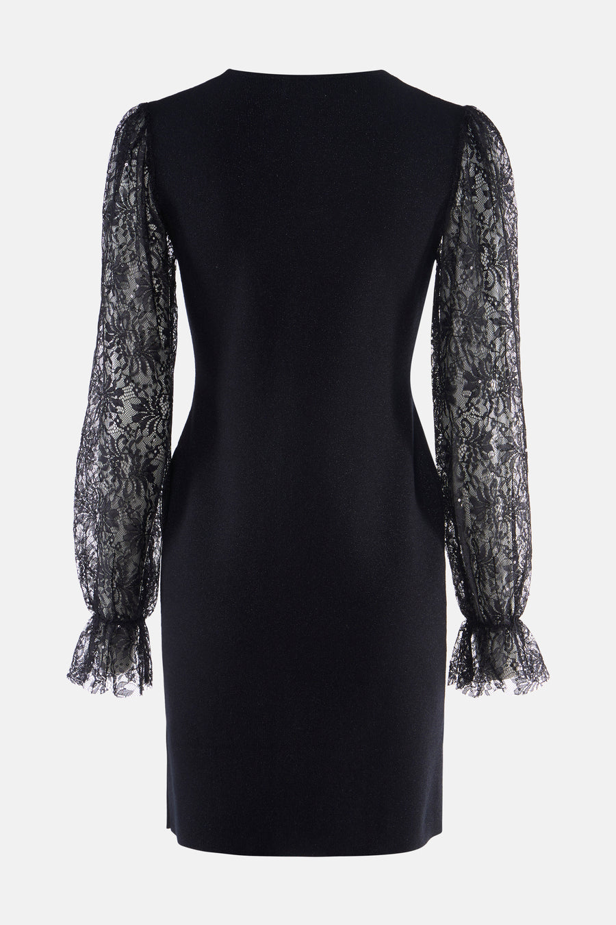 Robe noire à manches longues en dentelle par Molly Bracken, vue arrière, détails floraux et finitions frangées