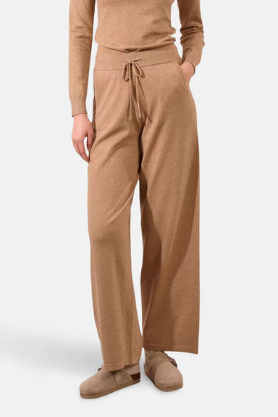 Beige broek met wijde pijpen van Molly Bracken, met trekkoord in de taille en glinsterende details.