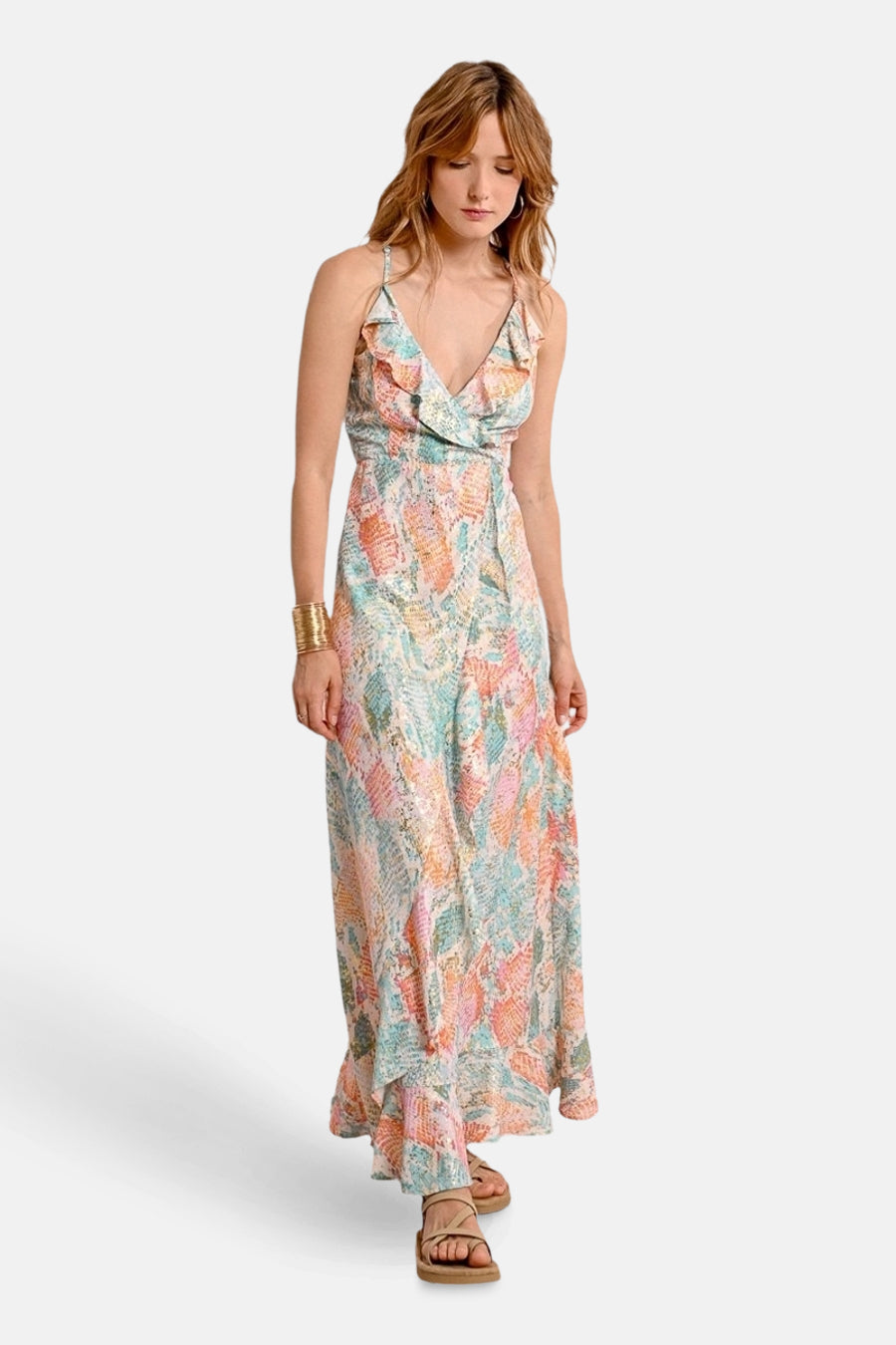 Molly Bracken lange groene jurk met meerkleurige print en veterdetail op de rug.