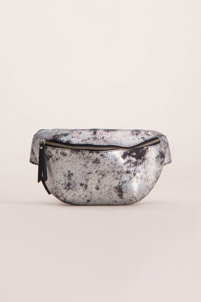 Multicolored metallic textured crossbody bag by PAUL MARIUS with black zipper and leather pull tab, front view