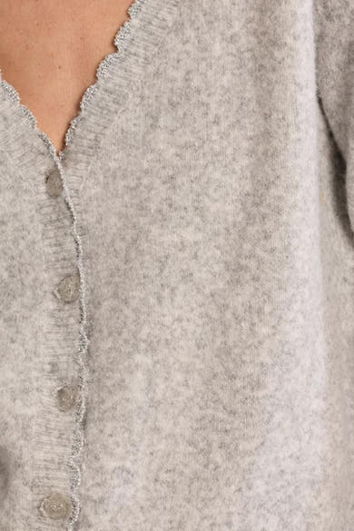 Gray marled knit cardigan with scalloped V-neck and matching buttons, close-up front view