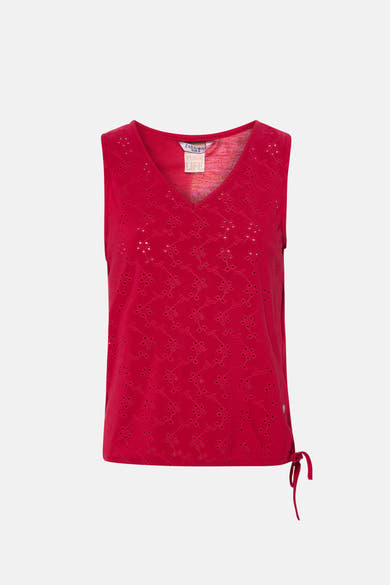 Top sans manches rose de ZABAIONE, à motif ajouré fleuri sur l'ensemble et cordon noué sur le côté.
