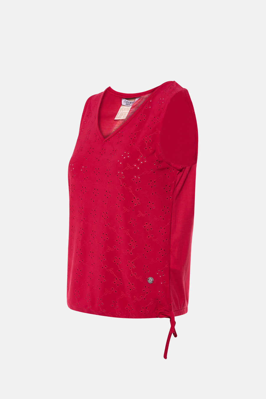 Top rose sans manches de ZABAIONE, avec motif brodé, détail de cordon latéral et coupe féminine.