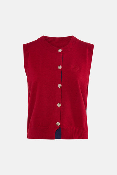 Gilet rouge en tricot de ADORE, avec fermeture boutonnée sur le devant et logo brodé.
