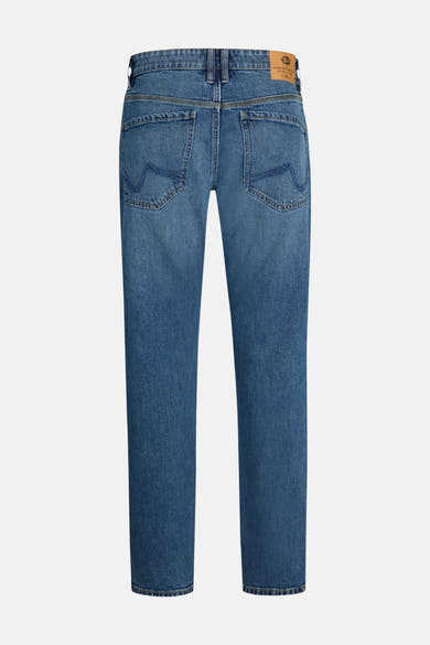 Mid blue denim jeans by Lewis, back view with classic stitching and two patch pockets, straight leg cut