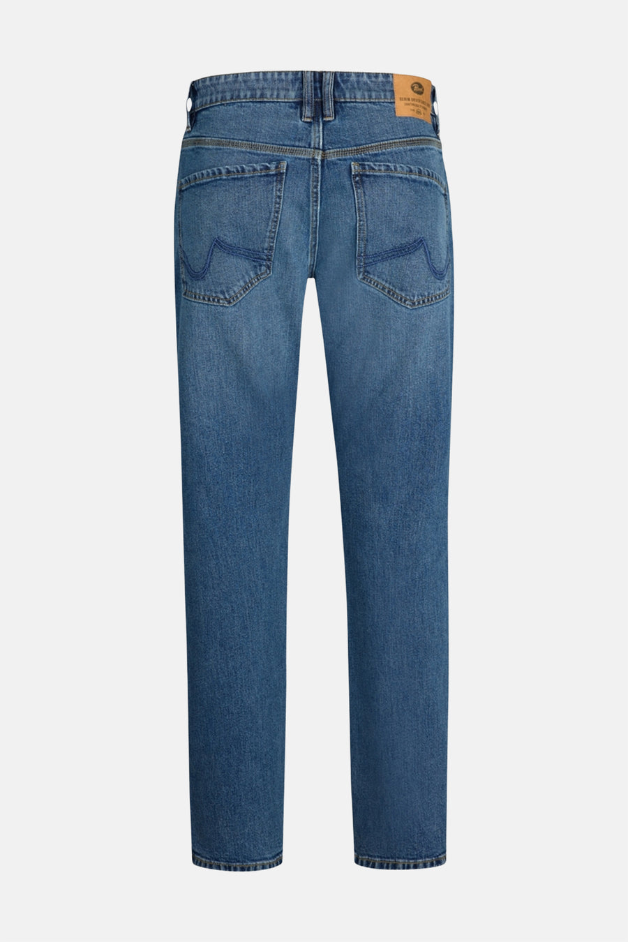 Mid blue denim jeans by Lewis, back view with classic stitching and two patch pockets, straight leg cut