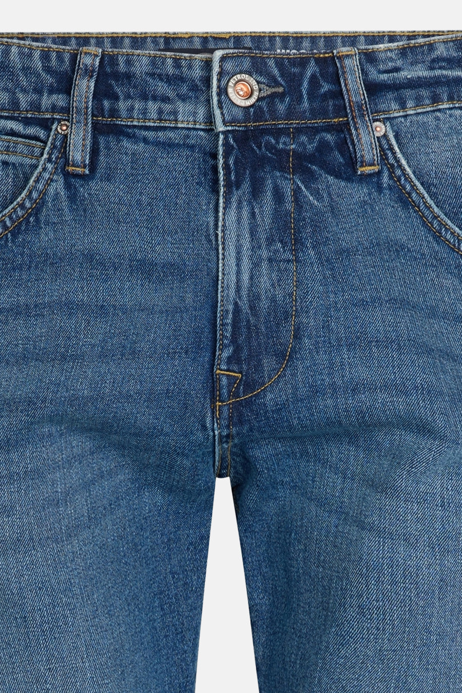 Mid blue denim jeans by LEWIS, front close-up with faded wash, brown stitching, and button fly detail