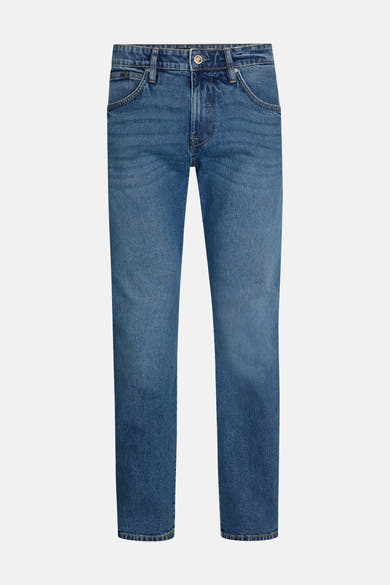 Mid blue denim jeans by LEWIS, straight-leg fit with faded wash and classic five-pocket styling, front view