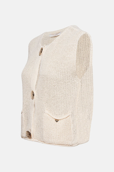 Beige vest van opengebreid breiwerk van AMELIE ET AMELIE, met gouden knopen en opgestikte zak.