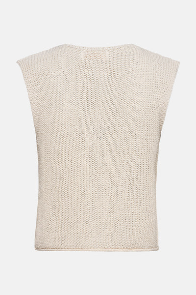Beige vest in openwork knit by AMELIE ET AMELIE, back view.