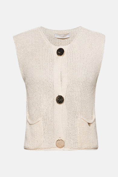 Beige gebreid vest van AMELIE ET AMELIE, met gouden knopen, opgestikte zakken en een opengebreid patroon.