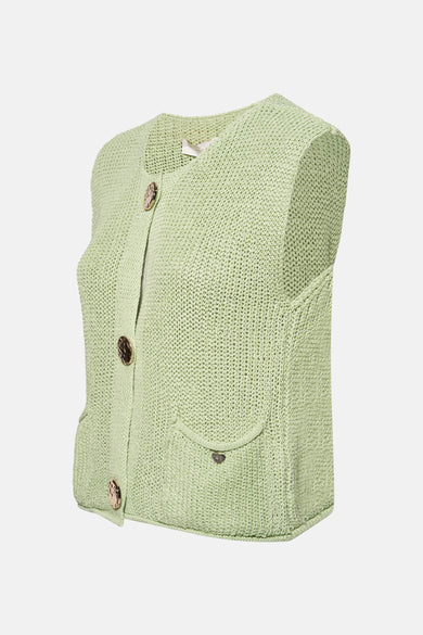 Groen gebreid vest van AMELIE ET AMELIE, met gouden knopen en een opgestikte zak.