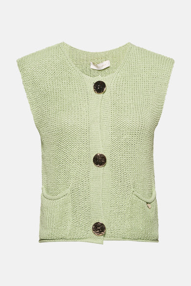 Groen gebreid vest van AMELIE ET AMELIE met gouden knopen en opgestikte zakken.