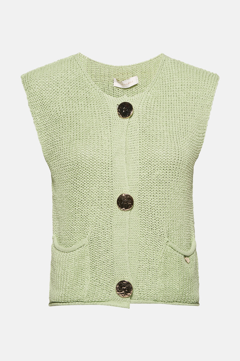 Groen gebreid vest van AMELIE ET AMELIE met gouden knopen en opgestikte zakken.