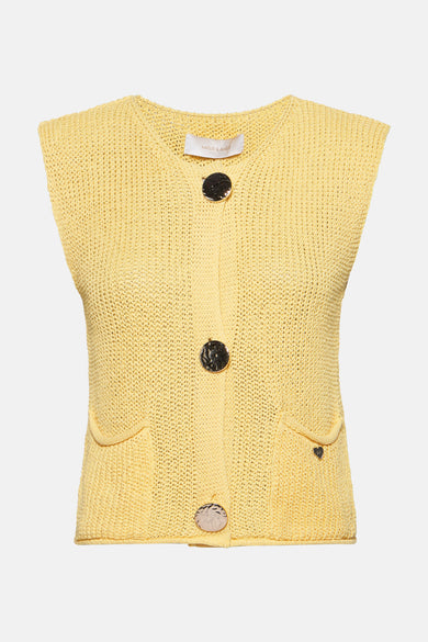 Gilet jaune in maille van AMELIE ET AMELIE met gestikte poches en decoratieve knopen.