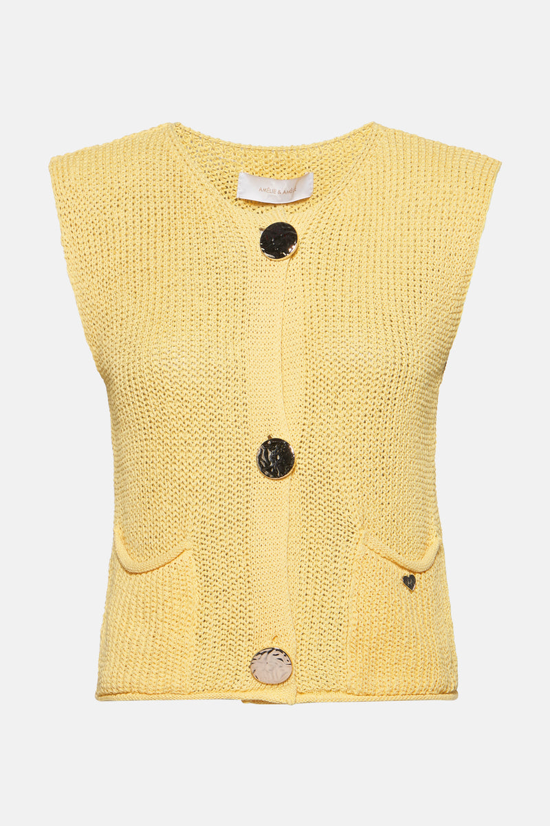 Gilet jaune in maille van AMELIE ET AMELIE met gestikte poches en decoratieve knopen.