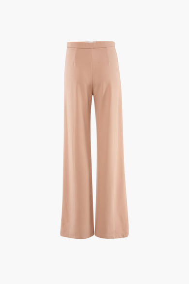 Beige kleurrijke broek van AMELIE ET AMELIE, losse pasvorm en wijde pijpen, op een witte achtergrond.