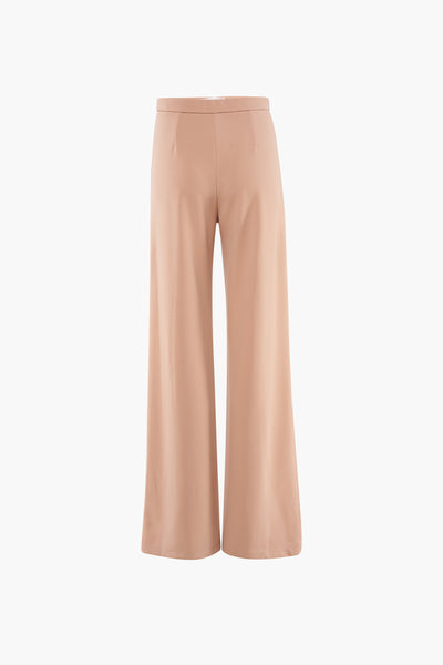 Beige kleurrijke broek van AMELIE ET AMELIE, losse pasvorm en wijde pijpen, op een witte achtergrond.