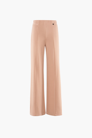 Beige kleurrijke broek van AMELIE ET AMELIE, wijde pasvorm met duidelijke plooien en discreet hartvormig detail.