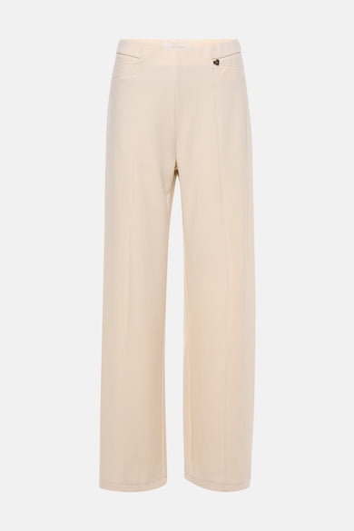 Beige broek van AMELIE ET AMELIE, rechte pasvorm, met decoratief knoopdetail en zijzakken.