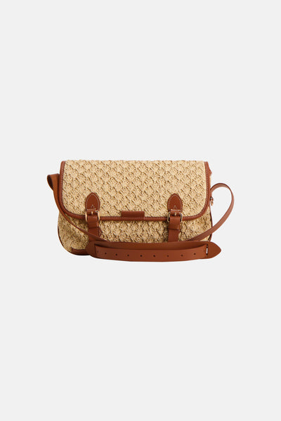 Cognac leather-trimmed woven handbag with scalloped texture and dual buckle closure, front view