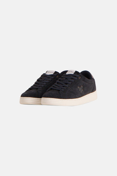 Dark green suede sneakers by Lyle & Scott with white rubber soles and tonal bird logo, front view