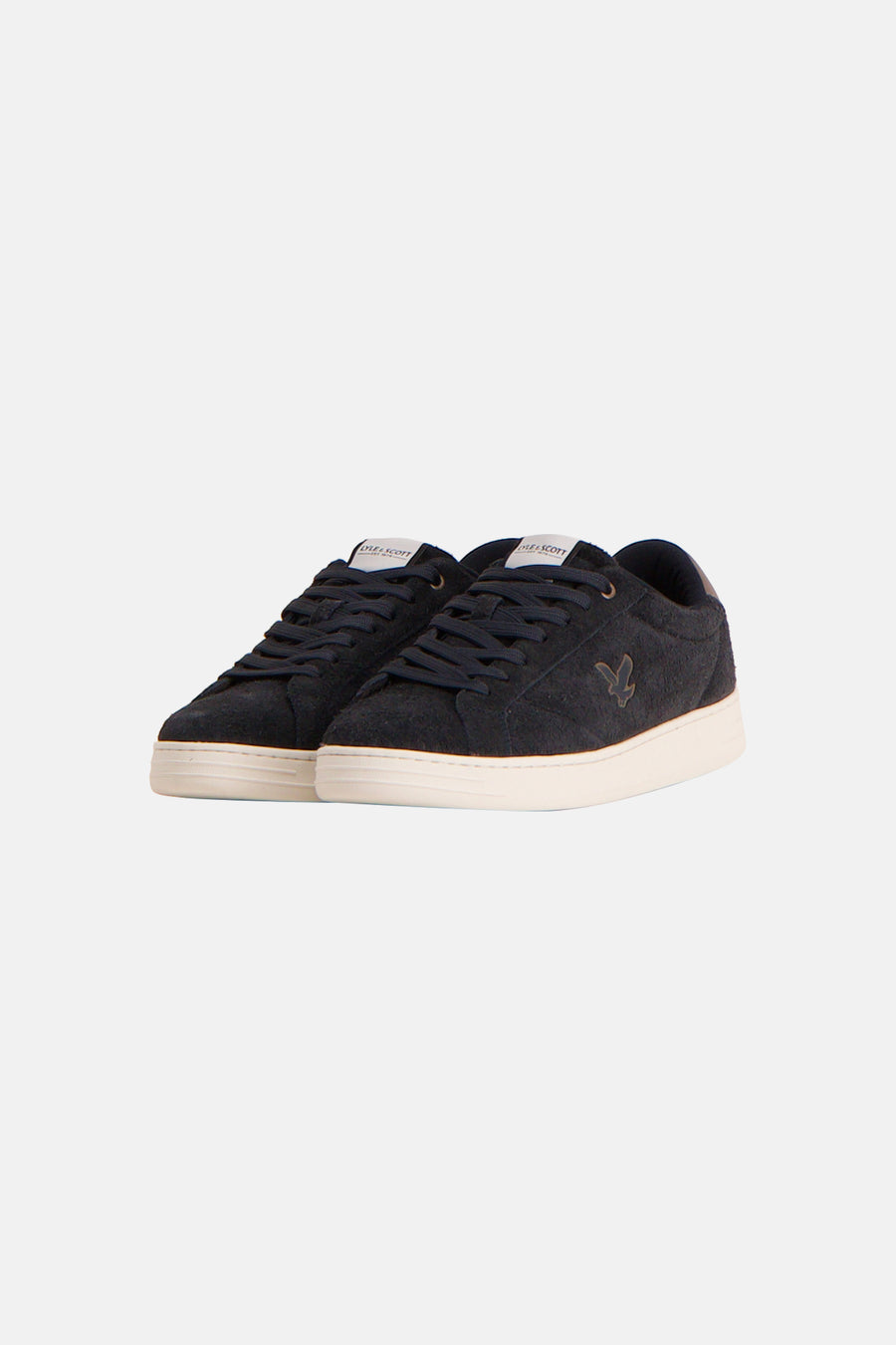 Dark green suede sneakers by Lyle & Scott with white rubber soles and tonal bird logo, front view