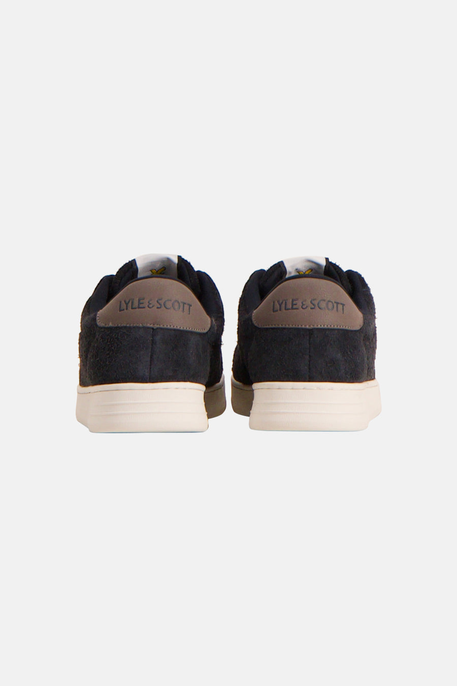 Dark green suede sneakers by Lyle & Scott, back view with cream rubber soles and branded heel tabs