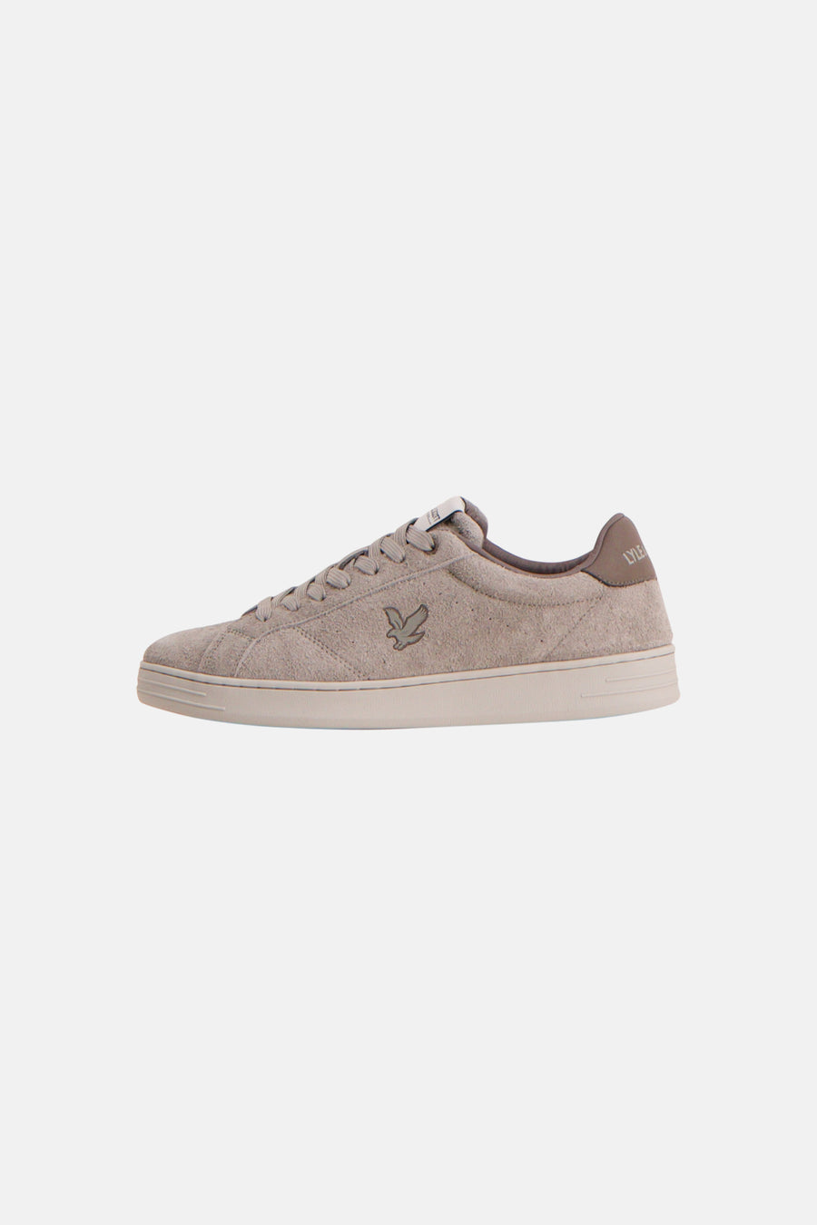 Beige suede low-top sneaker by Lyle & Scott, featuring bird logo and cream rubber sole, side view