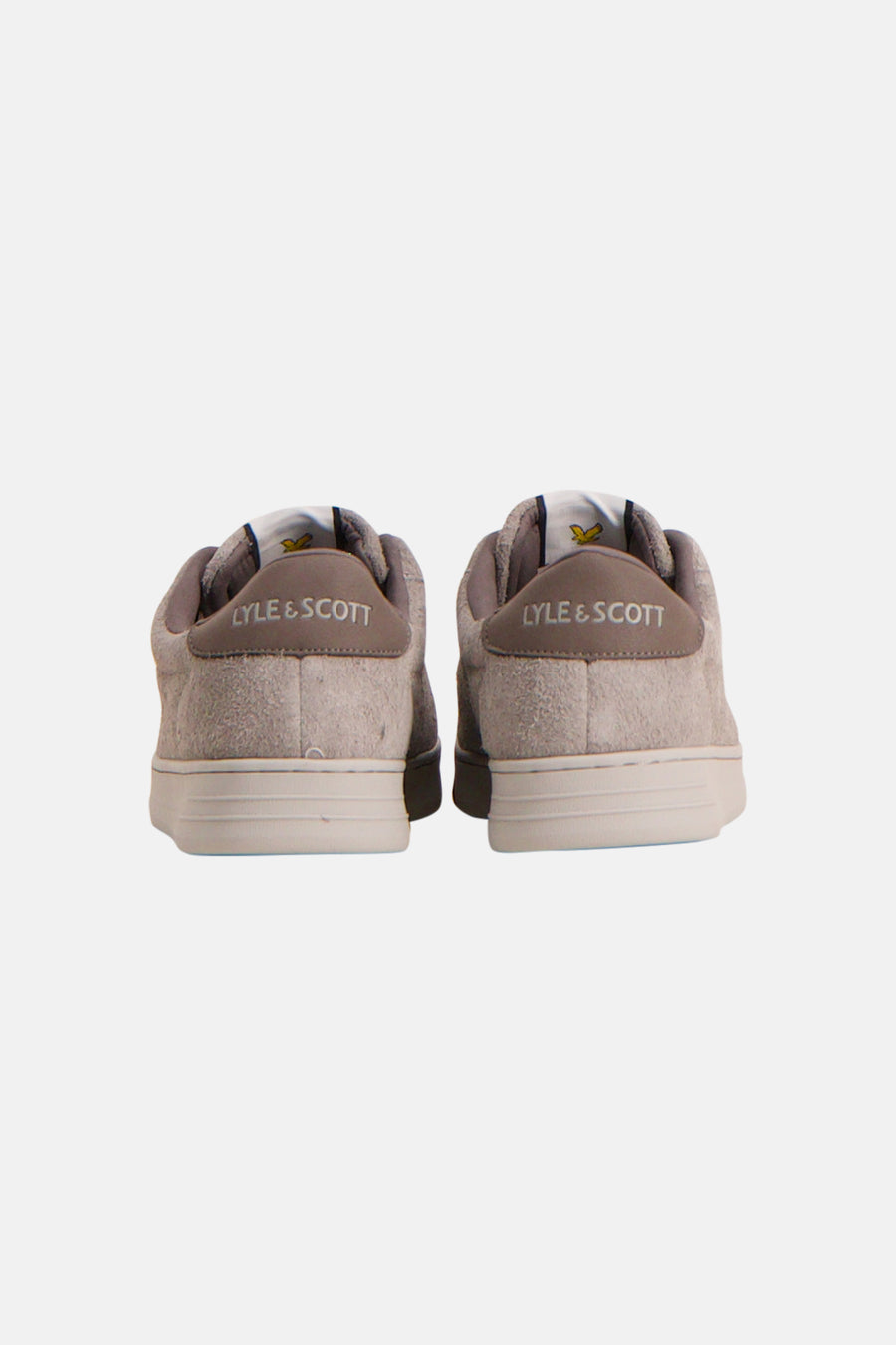 Beige suede sneakers by Lyle & Scott, back view with white rubber soles and yellow bird logo on heel tab