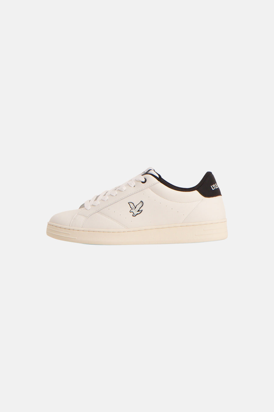 Ecru leather low-top sneaker by Lyle & Scott with black heel tab and embroidered bird logo, side view