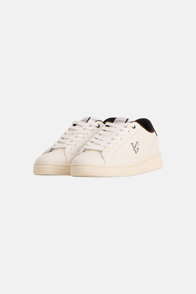 Ecru leather sneakers by Lyle & Scott with black heel tab and bird logo, side view