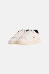 Ecru leather sneakers by Lyle & Scott with black heel tab and bird logo, side view